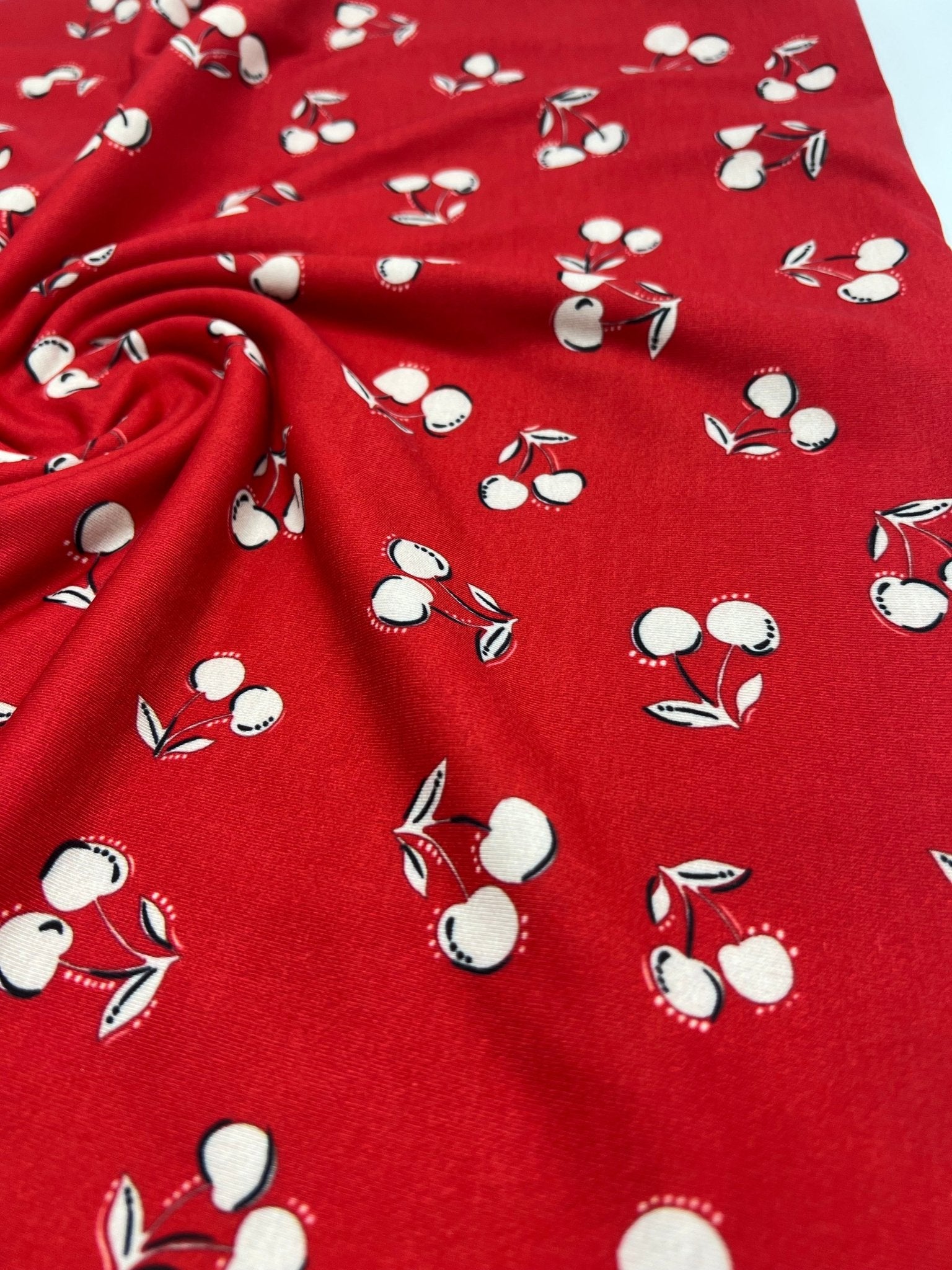 Red Cherry Print Super Soft Spun Poly Stretch Fabric - T9 Fabrics